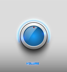 Technology music blue glow glossy button icon, volume settings, sound control vector knob with white plastic ring, scale. Isolated on background. For internet sites, web interface, applications