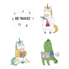 Hand drawn vector illustration of a cute funny cartoon unicorns, with a book, in a lab coat, dragon in glasses, holding a laptop, text. Isolated objects. Design concept children, geek culture