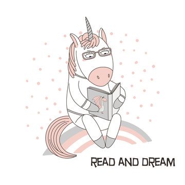 Hand drawn vector illustration of a cute funny cartoon unicorn sitting on a rainbow, reading a book with a dragon on the cover, text. Isolated objects. Design concept for children, geek culture.