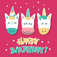 Cute unicorns. Greeting card with a happy birthday