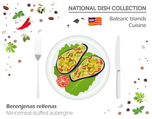 Balearic Islands Cuisine. European national dish collection. Mincemeat stuffed aubergine isolated on white, infographic