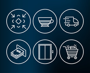 Set of Lift, Mocha and Truck delivery icons. Minimize, Atm money and Shopping cart signs. Elevator, Coffee cup, Express service. Small screen, Dollar currency, Gifts.  Editable stroke. Vector