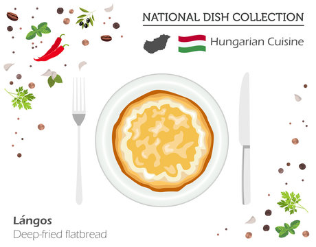 Hungarian Cuisine. European national dish collection. Deep-fried flatbread isolated on white, infographic