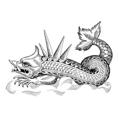 Mythological vintage sea monster. Fragment design of old pirate geographical map