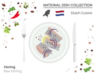 Dutch Cuisine. European national dish collection.  Raw herring isolated on white, infographic