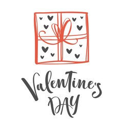 Valentines day greeting card with handwritten calligraphy and gift box. Vector illustration.