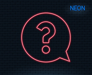 Neon light. Question mark line icon. Help speech bubble sign. FAQ symbol. Glowing graphic design. Brick wall. Vector