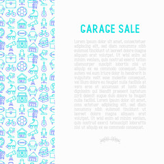 Garage sale concept with thin line icons: signboard, globe, telescope,guitar, rollers, armchair, toolbox, soccer ball. Modern vector illustration for banner, print media, web page.