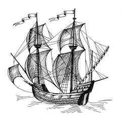 Old caravel, vintage sailboat. Hand drawn sketch.