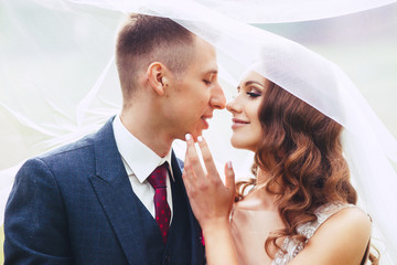 close up romantic portrait of beautiful wedding couple under the veil .