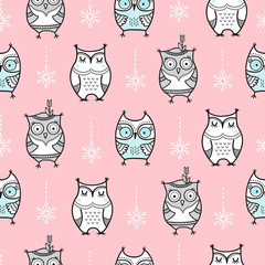 Cute seamless pattern with hand drawn owls. The pattern can be repeated without any visible seams
