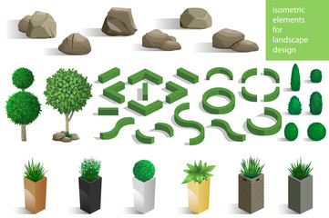 Set of landscape elements stones and plants for the design of the garden or the park. Vector graphics. Architectural isometrics