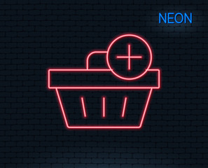 Neon light. Add to Shopping cart line icon. Online buying sign. Supermarket basket symbol. Glowing graphic design. Brick wall. Vector