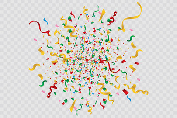 Colorful bright confetti isolated on transparent background. Festive vector illustration

