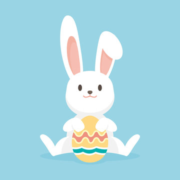 Cute rabbit with easter eggs, Happy Easter bunny, vector illustration.