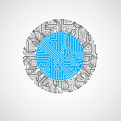 Vector abstract computer circuit board colorful illustration, blue round technology element with connections. Electronics theme web design.