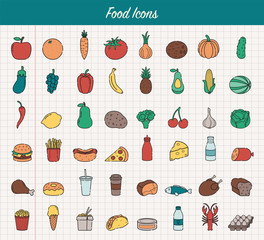 Food and drink icons. Fruits, Vegetables, Fast food and every day food icons. Outline design style. Vector