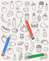 Food and drink icons. Fruits, Vegetables, Fast food and every day food icons. Outline design style. Vector