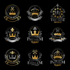 Royal Crowns emblems set. Heraldic vector design elements collection. Retro style label, heraldry logo.