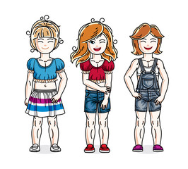 Cute happy little girls posing  wearing casual clothes. Vector diversity kids illustrations set.