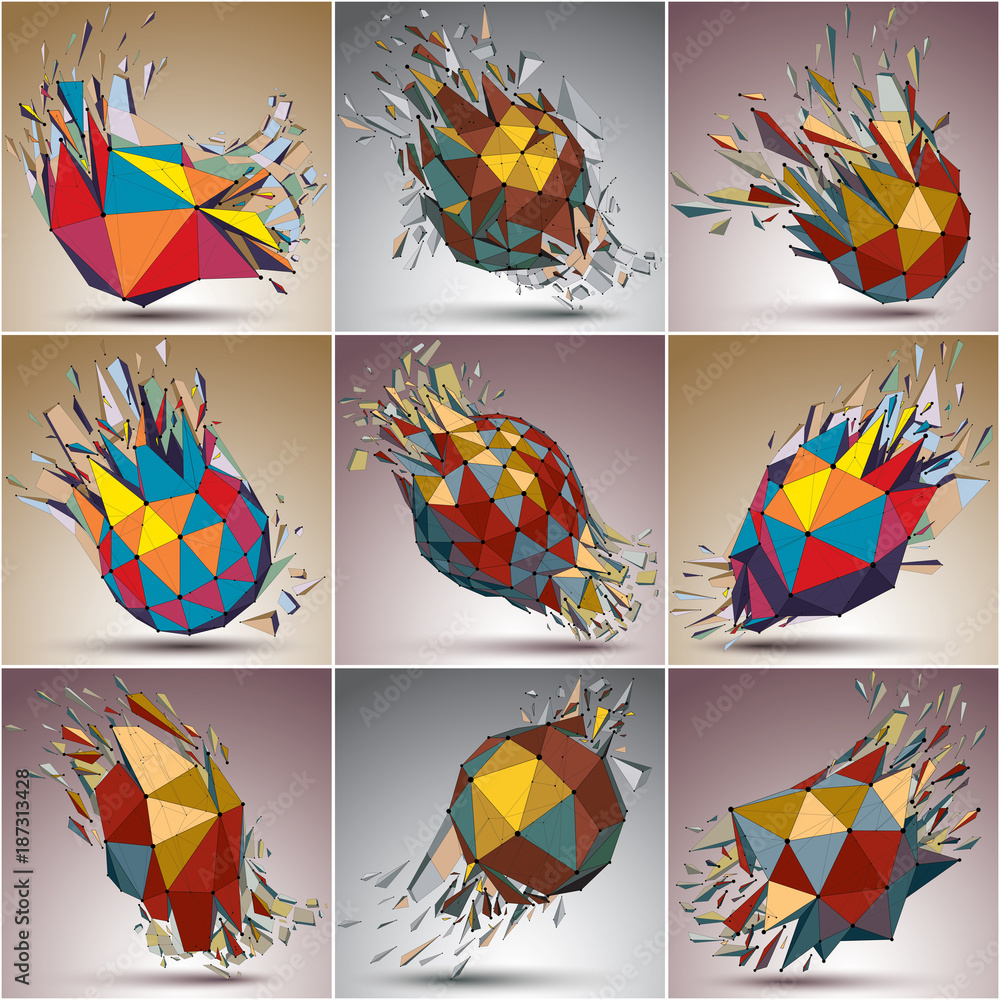 Poster set of 3d vector low poly objects with black connected lines and dots. colorful wireframe damaged sh