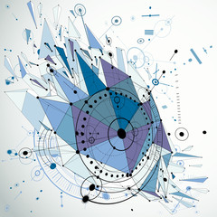 Technical abstraction created in low poly style. Engineering draft for use in graphic and web design. 3d vector drawing of industrial system made with mechanical parts, circles and lines mesh.