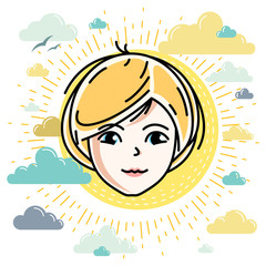 Beautiful women face, human head. Vector character, attractive blonde lady face features.