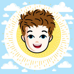 Boy face, human head. Vector character, happy red-haired teenager with stylish haircut.