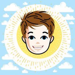 Boy face, human head. Vector character, happy red-haired teenager with stylish haircut.