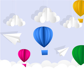 illustration of clouds, suns and hot air balloon origami flying on the sky on the sky.paper art style.