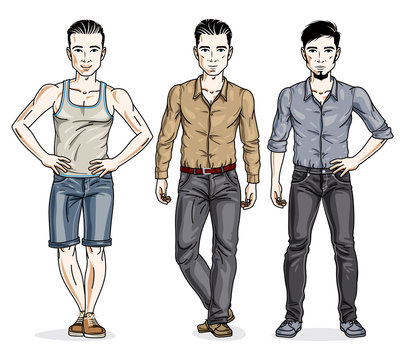 Handsome men posing in stylish casual clothes. Vector diverse people illustrations set. Lifestyle theme male characters.