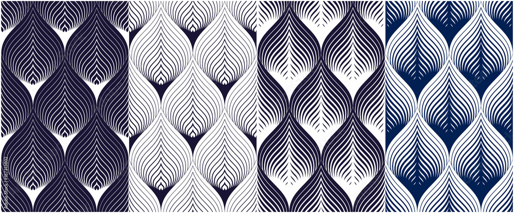 Poster abstract lines geometric seamless patterns set, vector repeat endless fabric backgrounds collection.