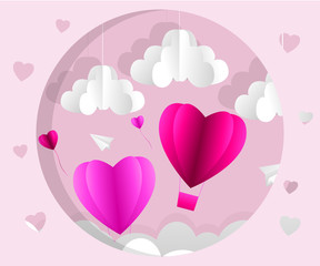 Fototapeta na wymiar Valentines day , Illustration of love , Hot air balloon in a heart shape flying on sky , paper art