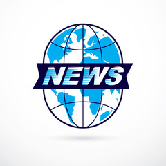 World and global news concept, vector emblem of blue Earth divided with meridians and composed with news inscription.