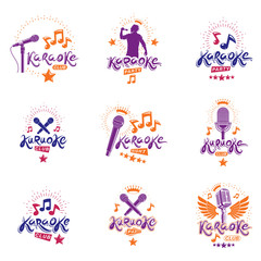 Collection of vector design elements which can be best used for karaoke theme emblems and posters composition. Leisure and relaxation lifestyle presentation, carnival concept.