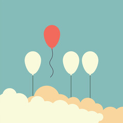 Minimalist retro stile. Stand out from the crowd and different concept , One red balloon flying away from other white balloons  . vector illustration eps10 © Nattapol_Sritongcom