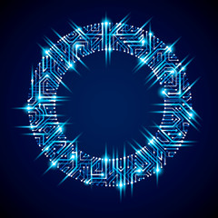 Futuristic cybernetic scheme, vector motherboard blue illustration with neon lights. Circular gleam element with circuit board texture.
