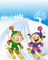The illustration shows a children skiing. Children skiing from the mountain. Illustration done in cartoon style, on separate layers.