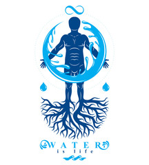 Vector graphic illustration of muscular human, individual created with tree roots and surrounded by a water ball. Human water reserves metaphor.