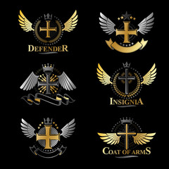 Christian Crosses emblems set. Heraldic Coat of Arms decorative logos isolated vector illustrations collection.