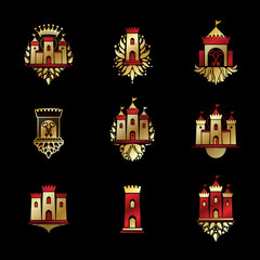 Ancient Fortresses emblems set. Heraldic Coat of Arms, vintage vector logos collection.