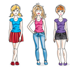 Happy cute young women group standing wearing fashionable casual clothes. Vector set of beautiful people illustrations.