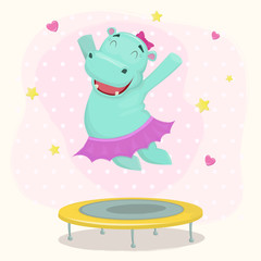 Happy cartoon hippo girl character jumping on a trampoline. Vect