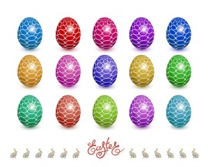 Happy Easter. A set of 3D colored eggs with ornament. Lettering, Easter rabbit. Vector illustration