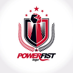 Vector symbol created using clenched fist of athletic strong man, protection shield, bird wings and different graphic elements. Fighter club conceptual logo.