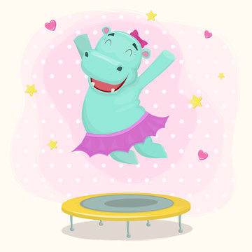 Happy cartoon hippo girl character jumping on a trampoline. Vect
