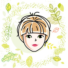 Caucasian woman face, vector human head illustration. Attractive blonde female with stylish haircut.