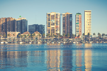 Fototapeta na wymiar Panoramic view at the Marina place in Malaga. Malaga is the second-most populous city of Andalusia and the sixth-largest in Spain.