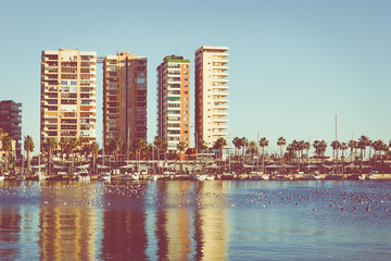 Panoramic view at the Marina place in Malaga. Malaga is the second-most populous city of Andalusia and the sixth-largest in Spain.