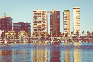 Panoramic view at the Marina place in Malaga. Malaga is the second-most populous city of Andalusia and the sixth-largest in Spain.